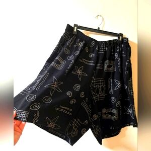 Linen Blend Beach Nautical Theme Graphic Black Shorts 4X